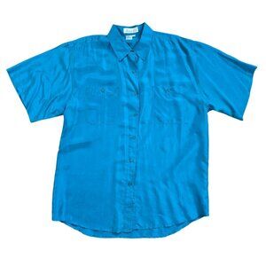 Naked Silk Womens XL 100% Silk Turquoise Button-Up Shirt Short Sleeve.